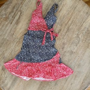 SUMMERSALT set! One piece wrap style swimsuit cover up skirt red and blue floral